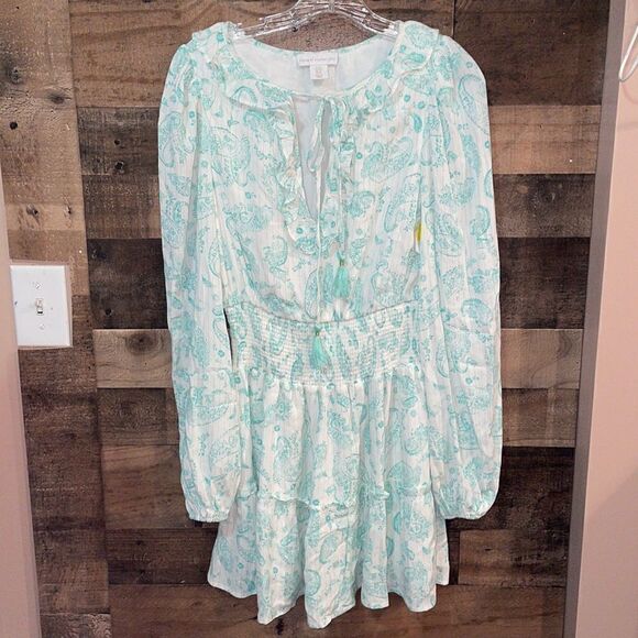 House of Harlow 1960 Green & White Paisley Mini Dress with Gold Threads - Picture 1 of 7